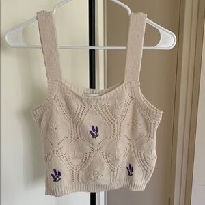 Cream Knit Crop Top with Purple Flowers